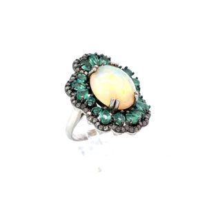Art Déco Ring 925 Sterling Silber mit Opal, Smaragden und Brillanten