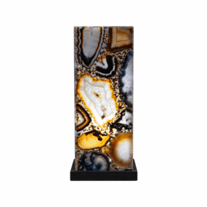 Achat Lampe 42 cm aus Natur-Achat-Scheiben auf schwarzem Holzsockel – handgefertigtes Unikat