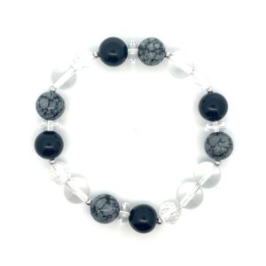 Schwarzes Edelsteinarmband mit Onyx, Schneeflockenobsidian und Bergkristall