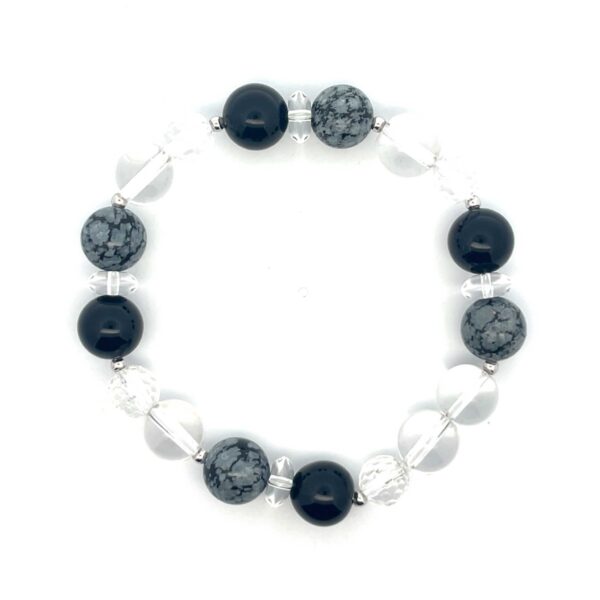 Schwarzes Edelsteinarmband mit Onyx, Schneeflockenobsidian und Bergkristall
