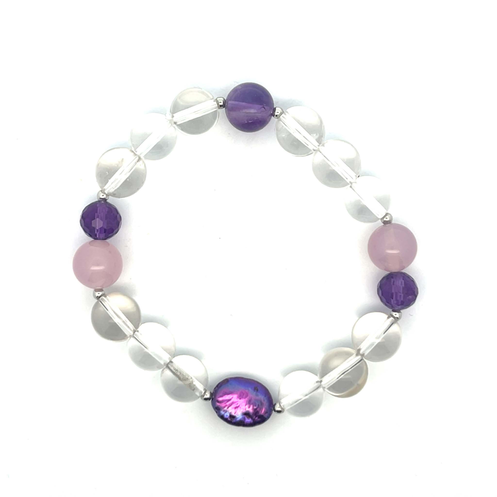Edelsteinarmband mit Rosenquarz, Amethyst, Bergkristall und Muschelelement