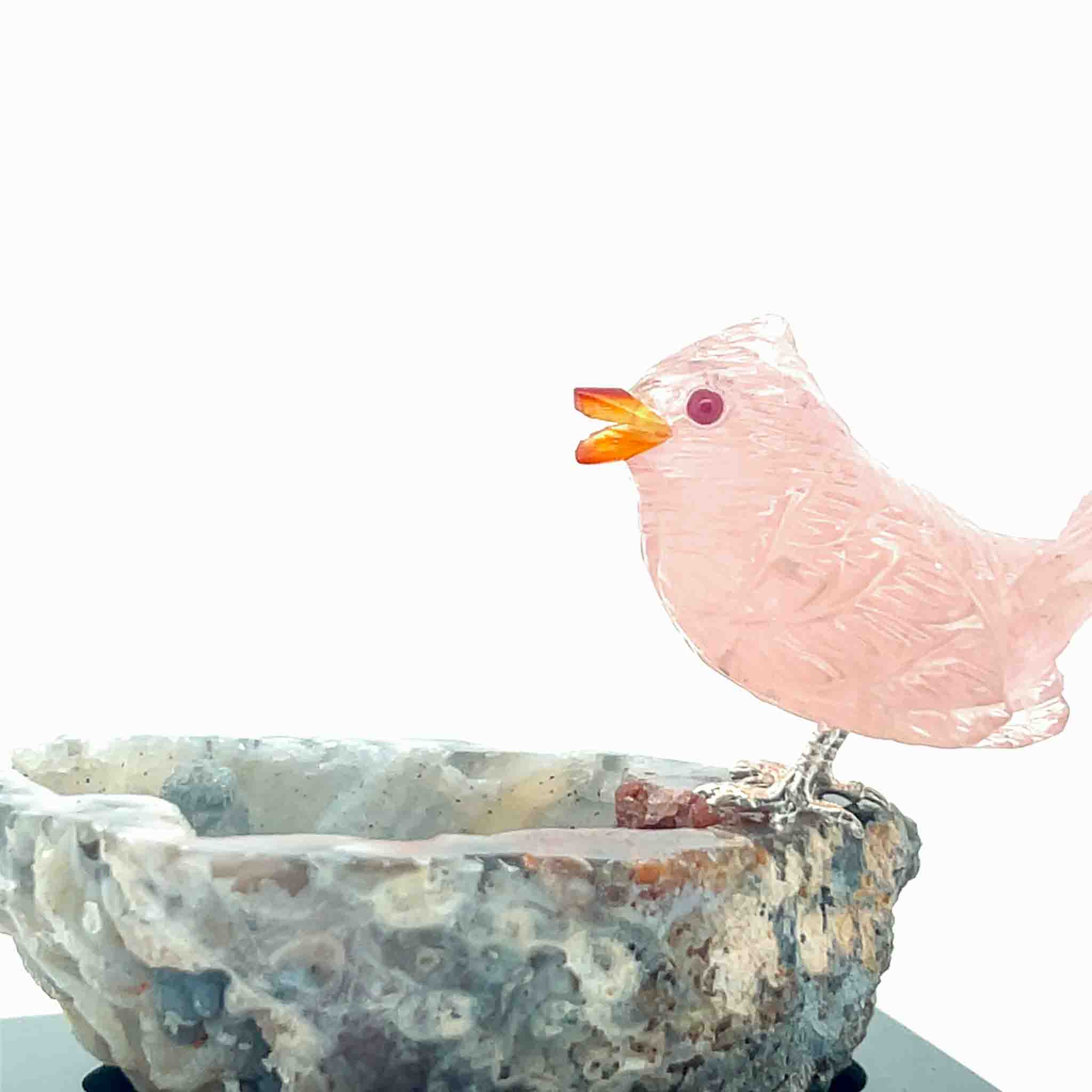 Rosenquarz Fink mit Karneolschnabel auf Achat Geode