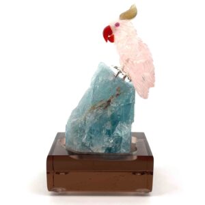 Edelsteinfigur Rosenquarz Kakadu mit Achat-Federn und Aquamarin-Sockel