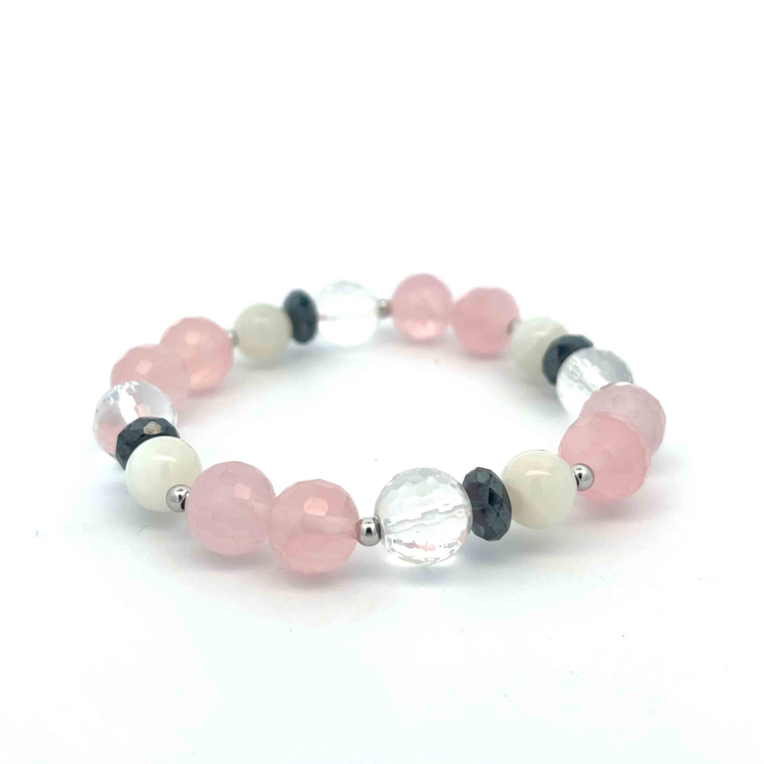 Edelsteinarmband mit Bergkristall, Rosenquarz, Hämatit und Mondstein
