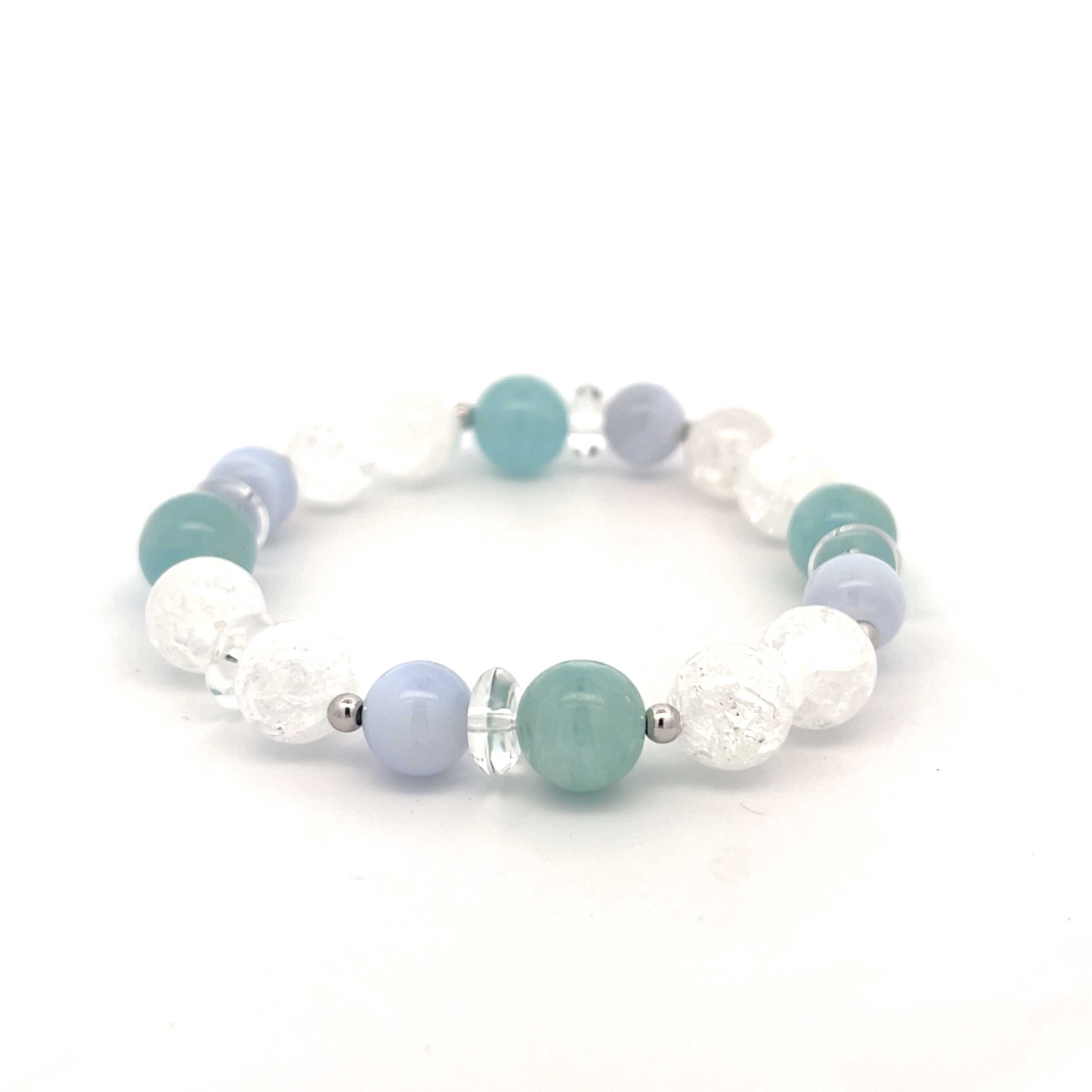 Edelsteinarmband Bergkristall, Aquamarin und Chalcedon – silber-rhodiniert
