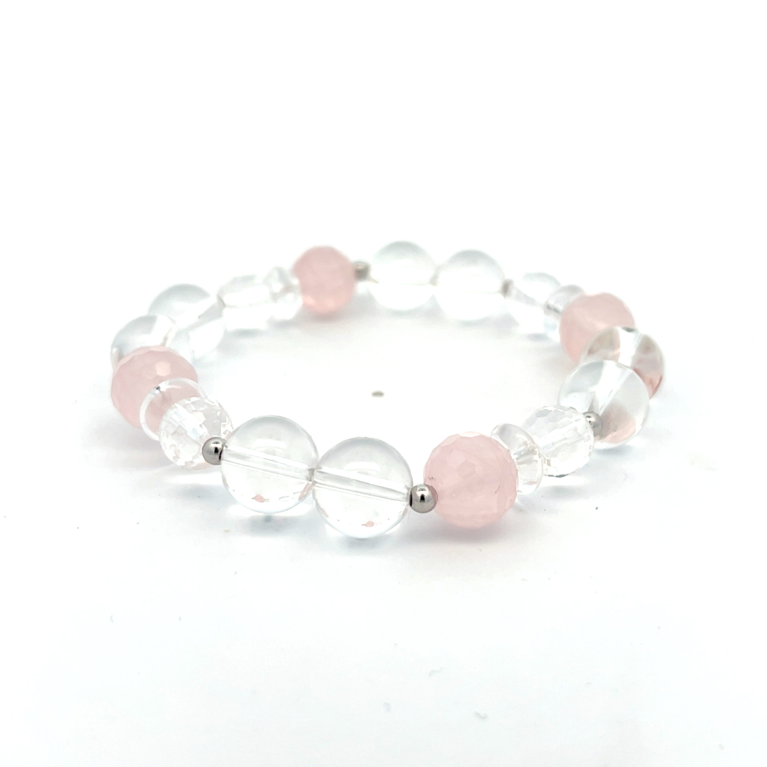 Edelsteinarmband Bergkristall und Rosenquarz – silber-rhodiniert