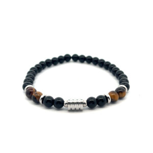 Elastisches Onyx-Lava Armband mit Edelstahl-Zwischenteilen – kraftvoll & modern