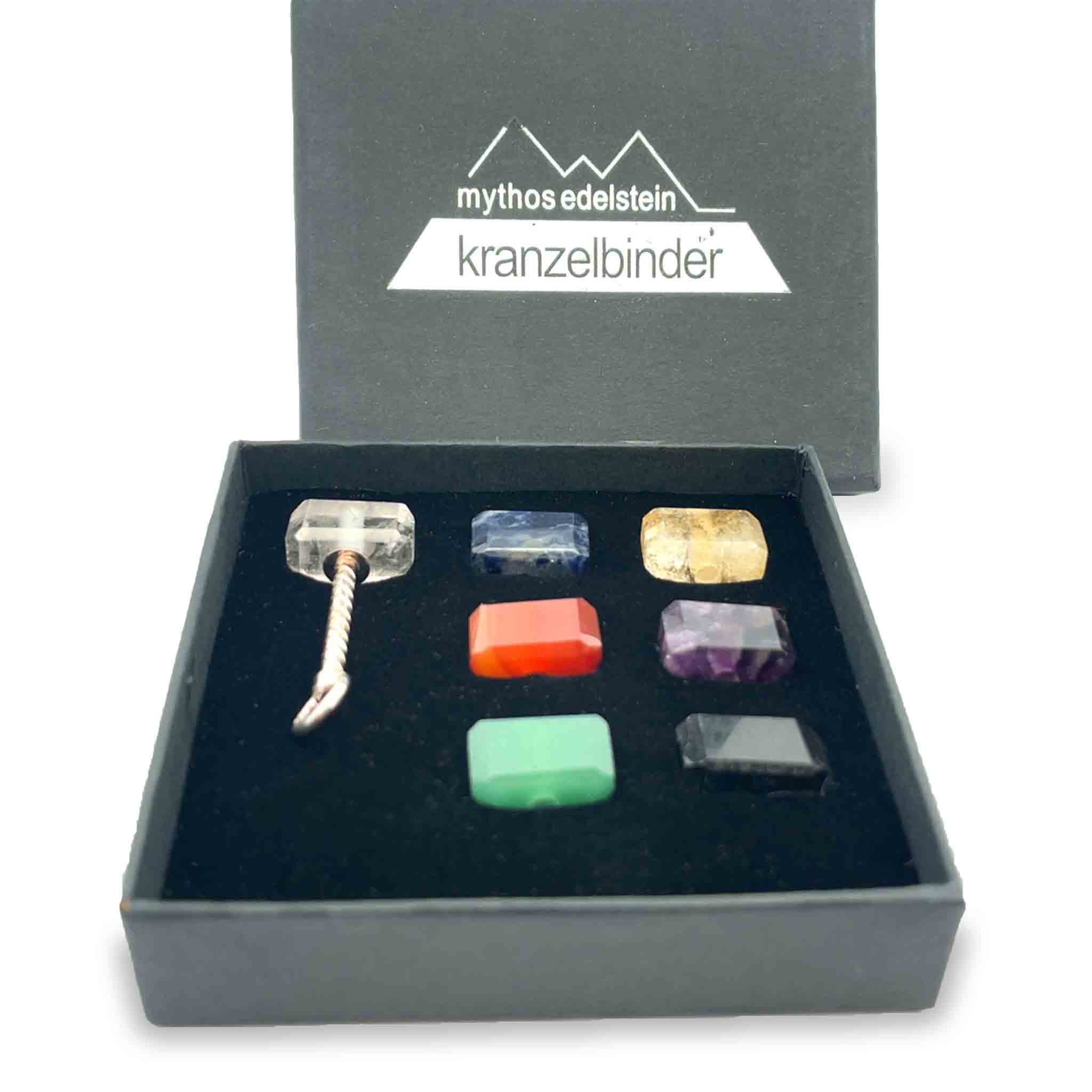 Thorhammer Edelstein Set mit sieben Chakra-Steinen und Silberstiel