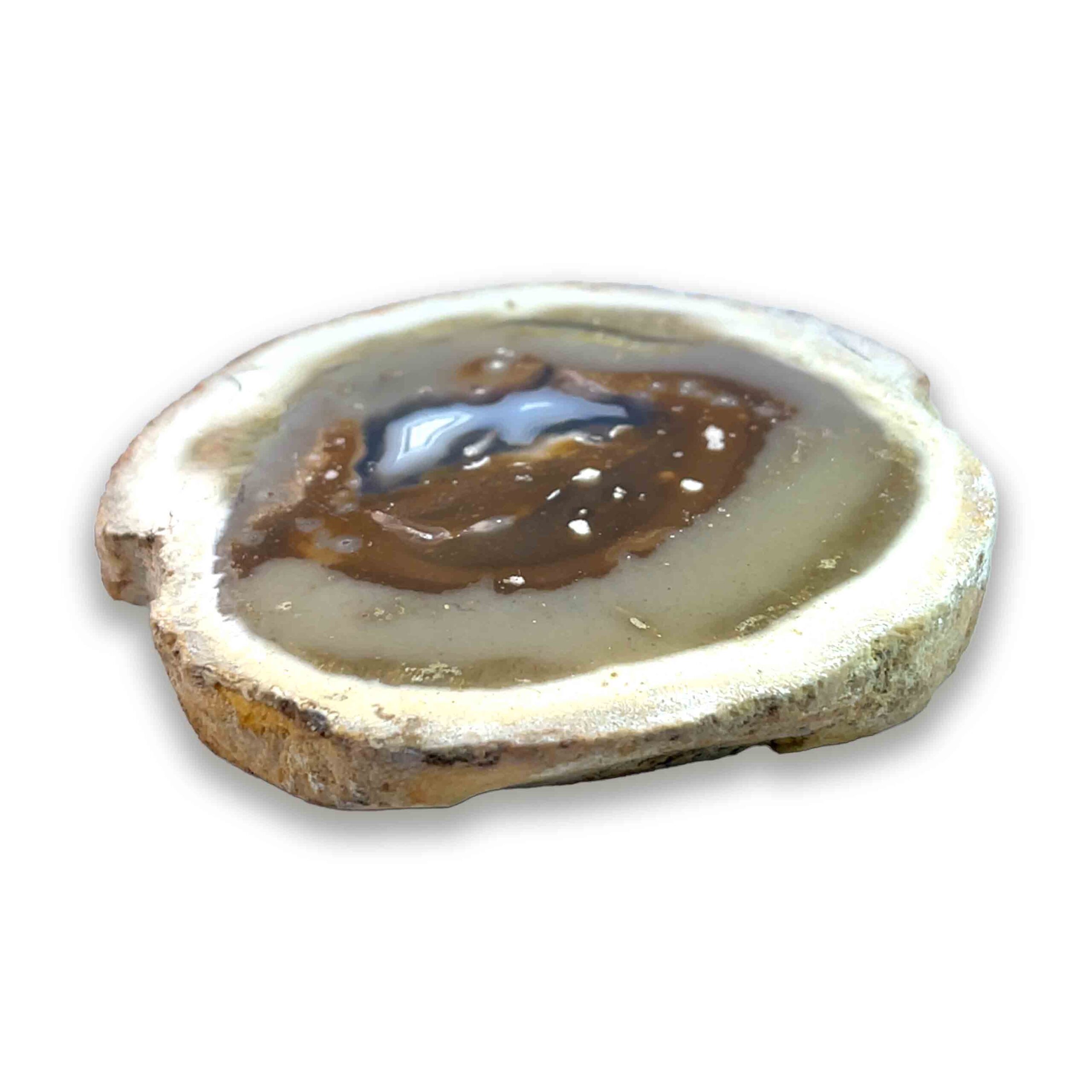 Achatisiertes / opalisiertes versteinertes Holz aus Indonesien – rosa Varietät mit Kupfer-Opaldentriten