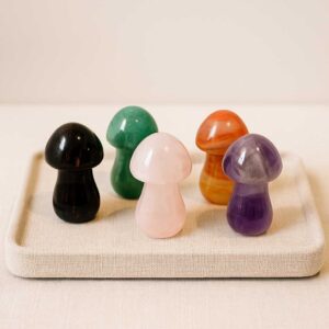 Edelstein Glückspilze aus echten Steinen – verschiedene Minerale wie Amethyst, Tigerauge, Rosenquarz, Aventurin