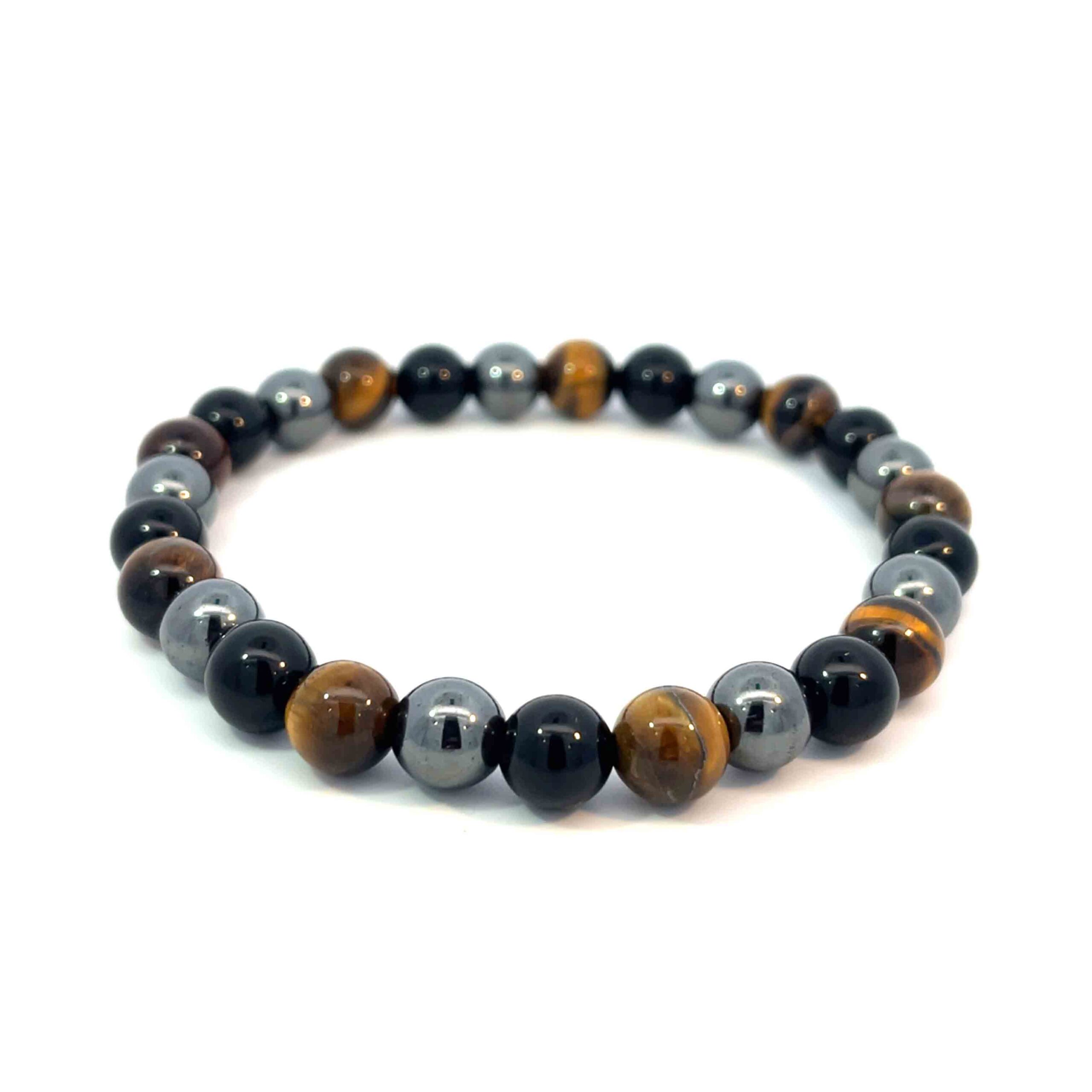 Herren-Edelsteinarmband mit Tigerauge, Obsidian und Hämatit – elastisch