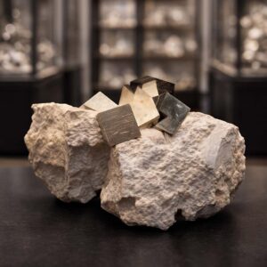 Kubische Pyritkristalle aus Navajún, Spanien – naturgewachsen im Kalkstein